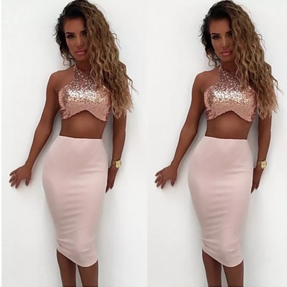 Two Piece Sequins Skirt Set